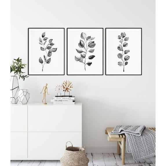 Set Of 3 Black And White Botanical Eucalyptus Wall Art Prints, Living ...