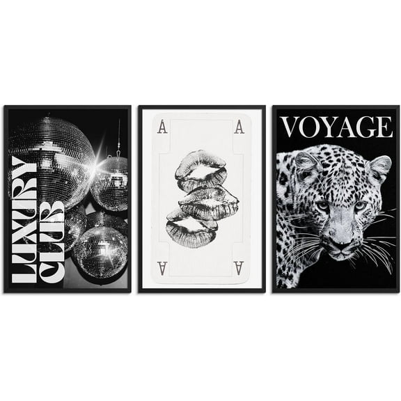 Set Of 3 Black And White Cheetah Wall Art, Fashion Cheetah Poster Canvas Prints, Disco Ball Decor For Family Bedroom Dormitory Room