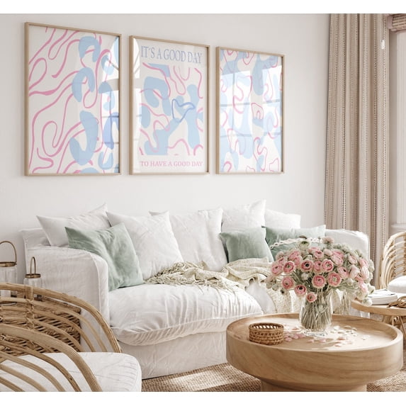 Pink Place Setting Set Of 3 Blue And Pink Abstract Squiggle Wavy Wall Art Prints, Its A ...