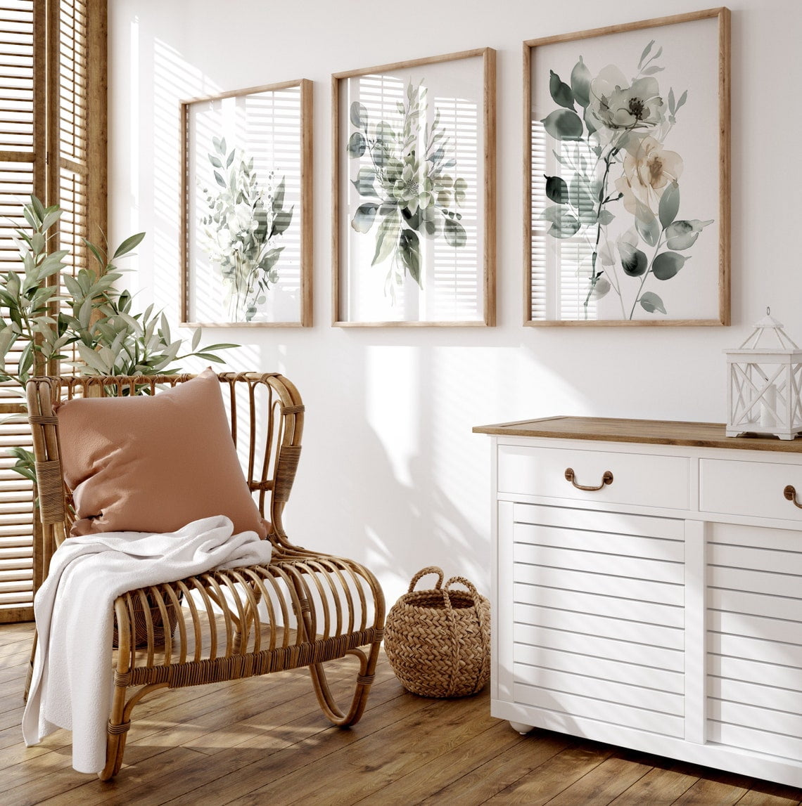 Set Of 3 Blue And Sage Green Botanical Wall Art Prints, Wildflowers ...