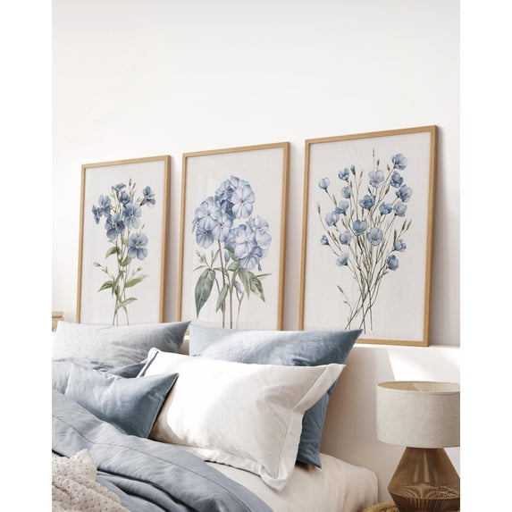 Set Of 3 Blue Hydrangea Arts Neutral Botanical Apartment Wall Art ...