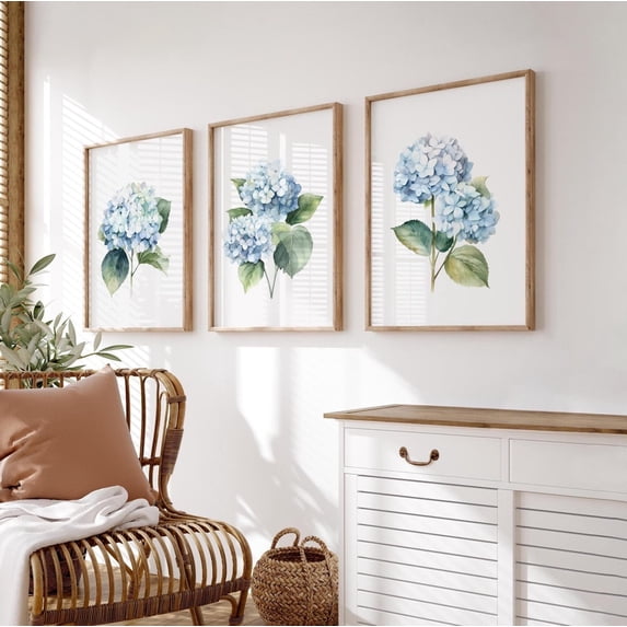 Set Of 3 Blue Hydrangea Botanical Flowers Abstract Wall Art Prints ...
