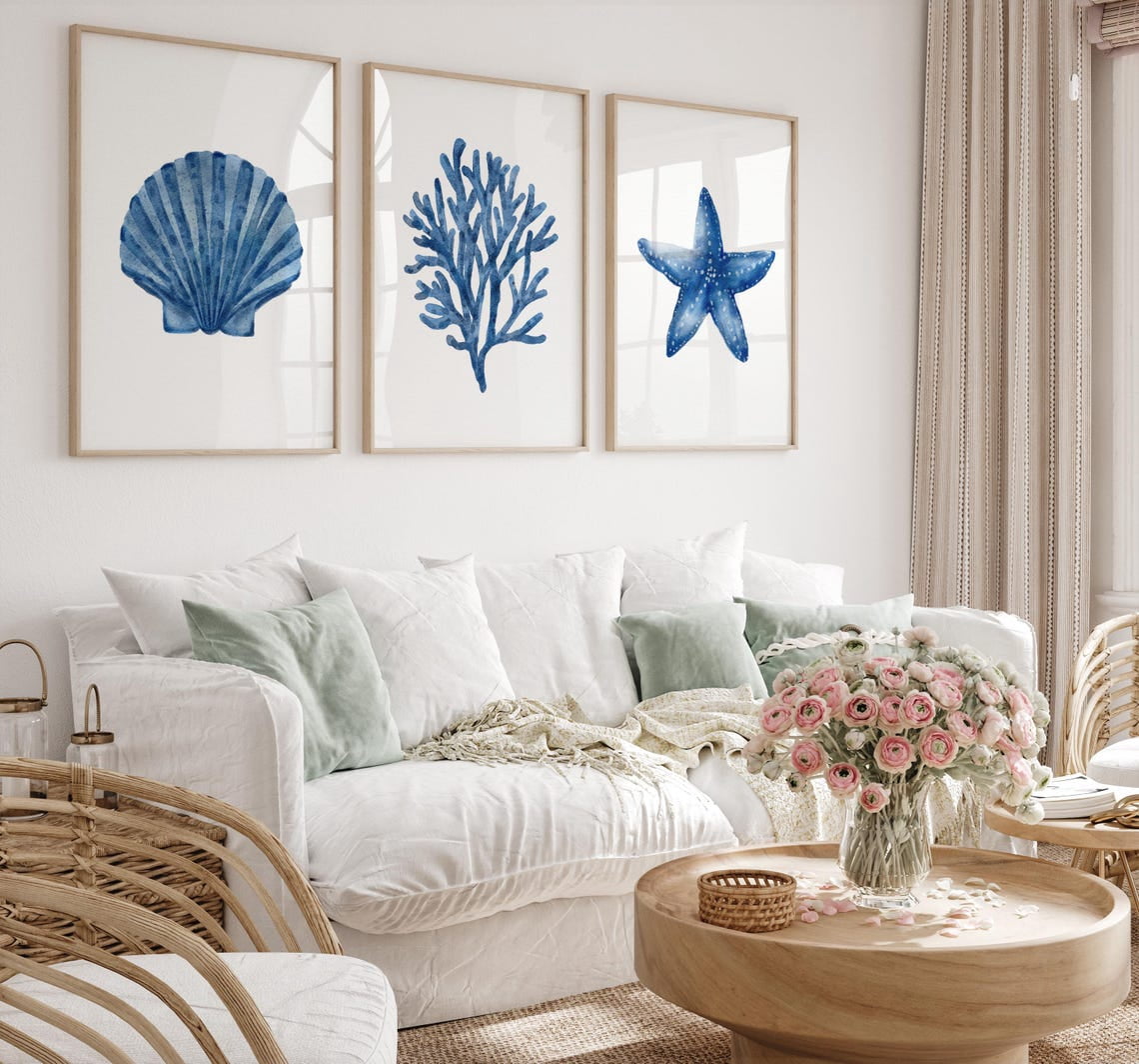 Set Of 3 Blue Nautical Ocean Wall Art Prints, Navy Coral Shell Starfish ...