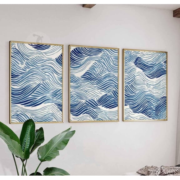 Set Of 3 Blue Ocean Wave Wall Art Prints, Coastal Home Decor