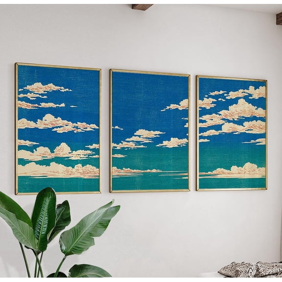 Set Of 3 Blue Sky Cloud Posters, Japanese Style Triptych Wall Art