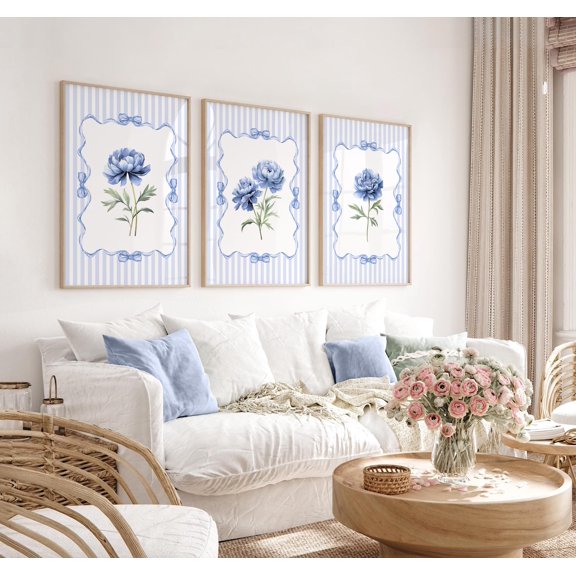 Set Of 3 Blue Striped Peonies Flower Wall Art Prints, Soft Cottagecore Floral, Hamptons Or Cottage Botanical, Bedroom And Gallery Wall Decor