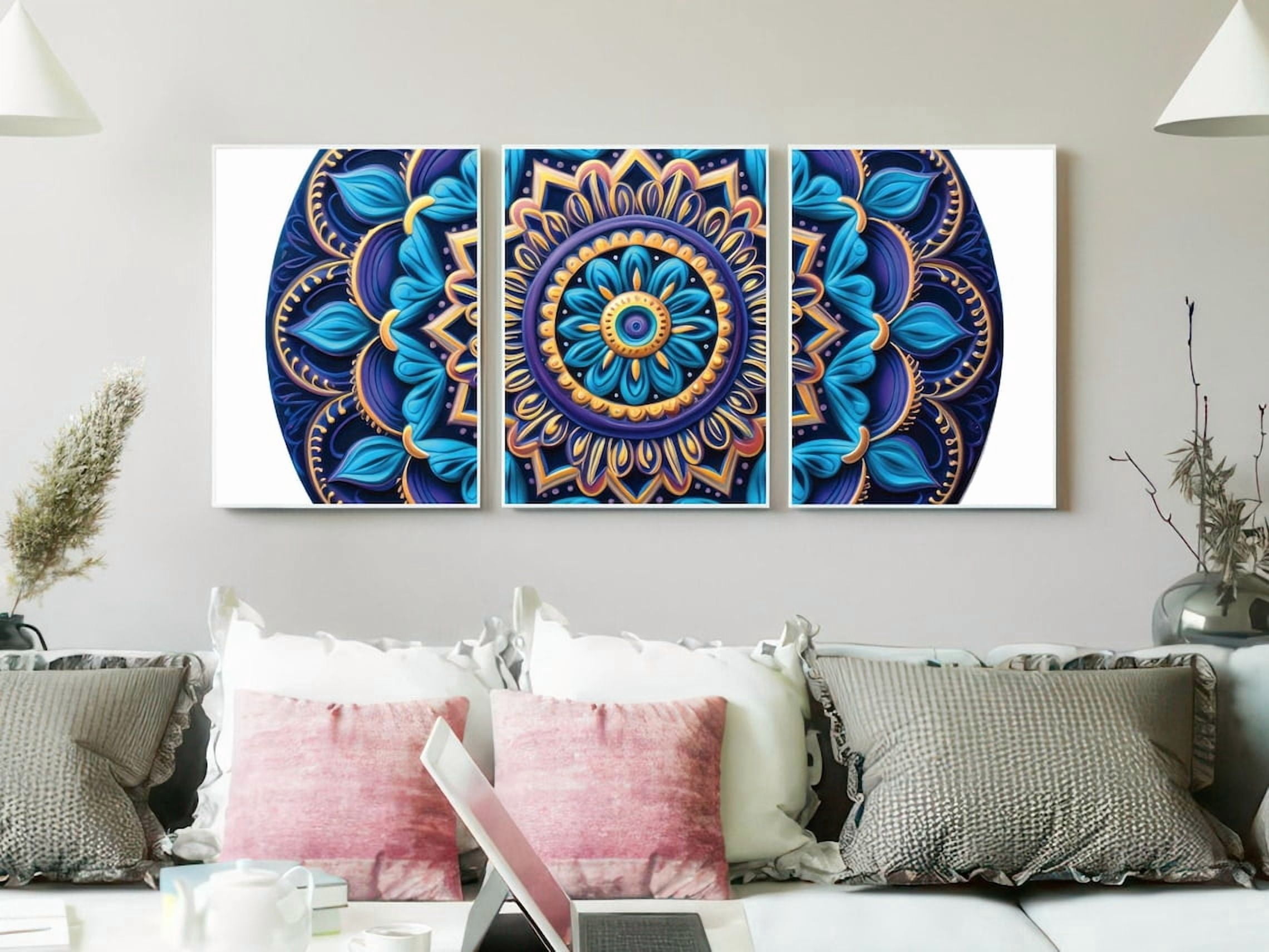 Set Of 3 Blue Violet Mandala Sculpted Jewel Floral Triptych Modern ...