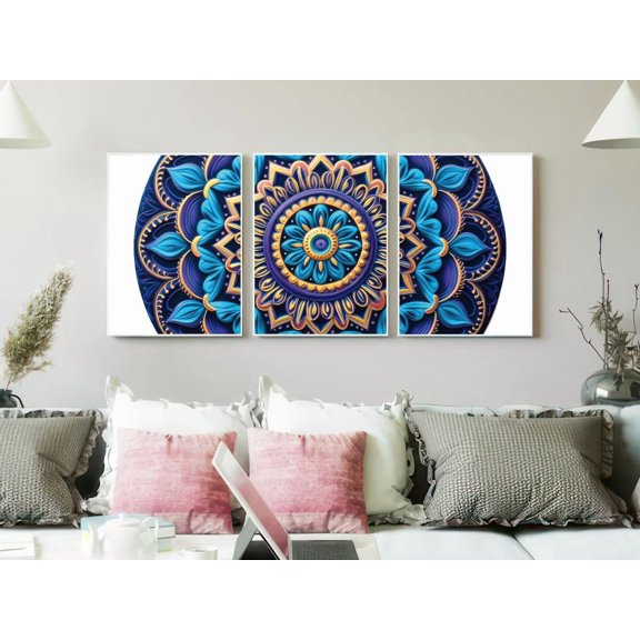 Set Of 3 Blue Violet Mandala Sculpted Jewel Floral Triptych Modern Spiritual Teal Gallery Wall Art Prints, Floral Living Room And Home Decor