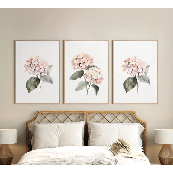 Set Of 3 Blush Pink Hydrangea Botanical Flowers Abstract Wall Art ...