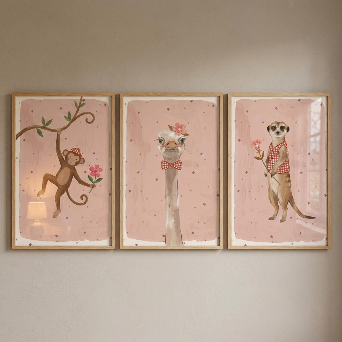 Set Of 3 Blush Pink Safari Animals Nursery Wall Art Prints, Monkey ...