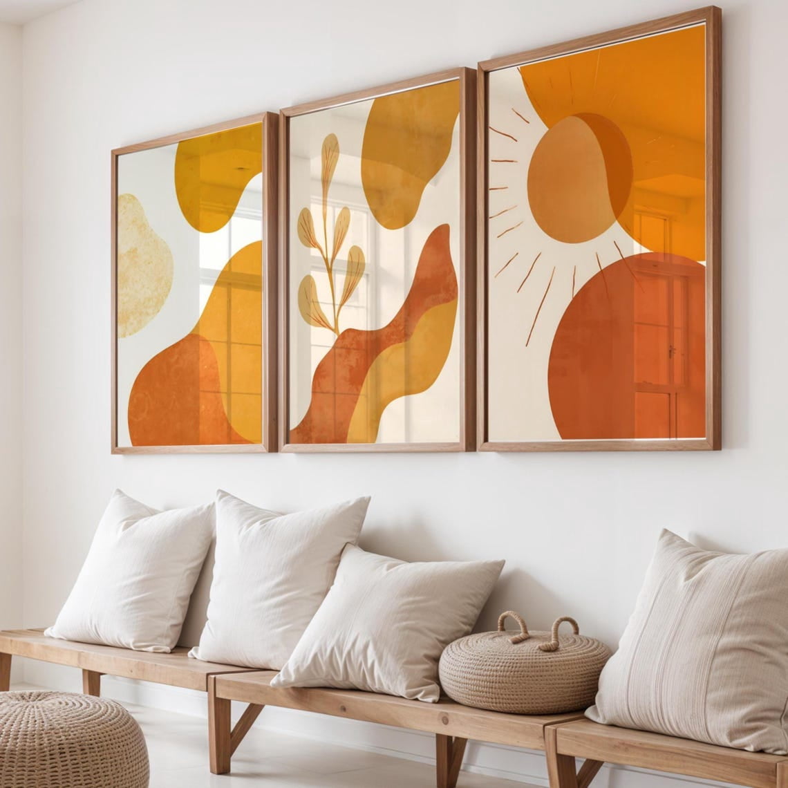 Set Of 3 Boho Abstract Wall Art Prints, Mid Century Modern In Ochre And ...