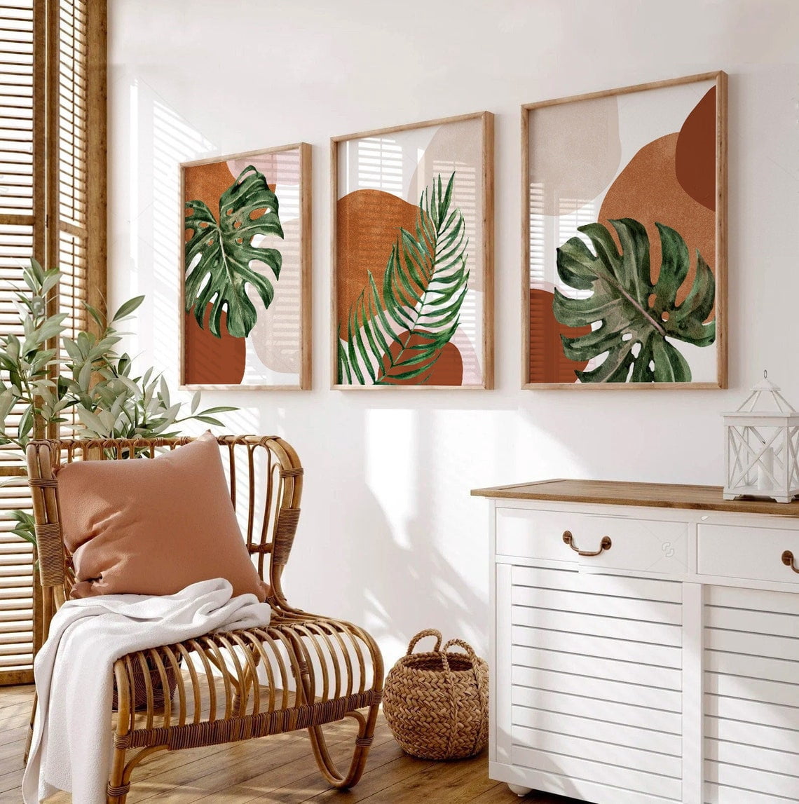 Set Of 3 Boho Leaf Abstract Geometric Wall Art Prints, Modern Living ...