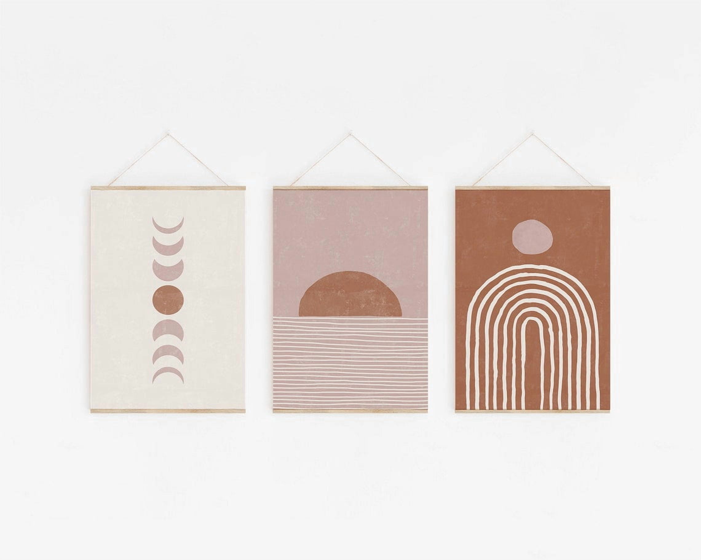 Set Of 3 Boho Nursery Wall Art Prints, Abstract Sun Moon Rainbow, Blush ...