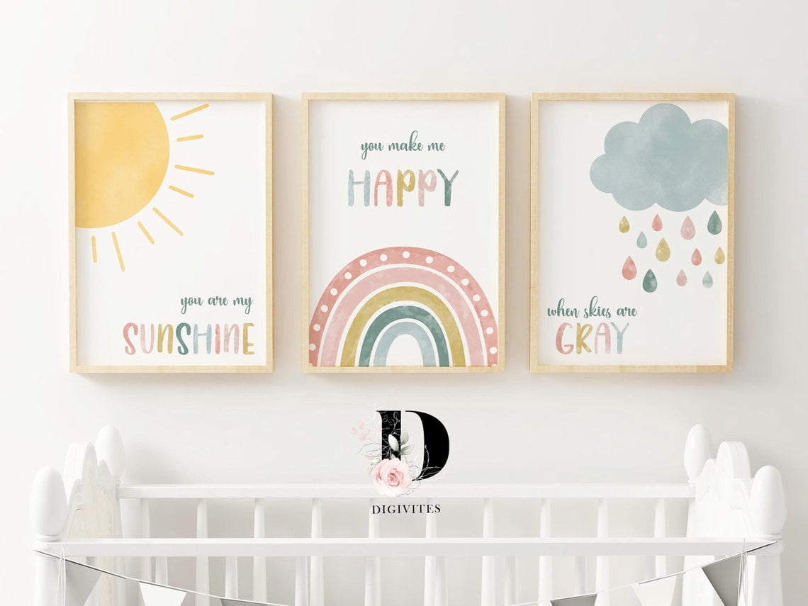 Set Of 3 Boho Nursery Wall Art Prints, Rainbow, Gender Neutral, You Are ...