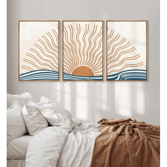 Set Of 3 Boho Sun Ocean Waves Neutral Mid Century Modern Wall Art Prints, Coastal Living Room And Gallery Wall Decor