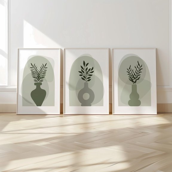 Set Of 3 Boho Wall Art Prints, Vase, Sage Green, Abstract Geometric Home, Calm Botanical, Botanical Bedroom And Living Room Decor