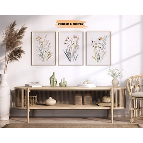 Set Of 3 Boho Wildflower Wall Art Prints, Neutral Floral, Beige Flowers ...