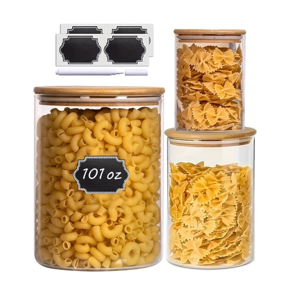 Set Of 3 Borocilicate Glass Jar Set With Airtight Bamboo Lids, Round Canister Jars With Sticker Labels, Food Storage Containers