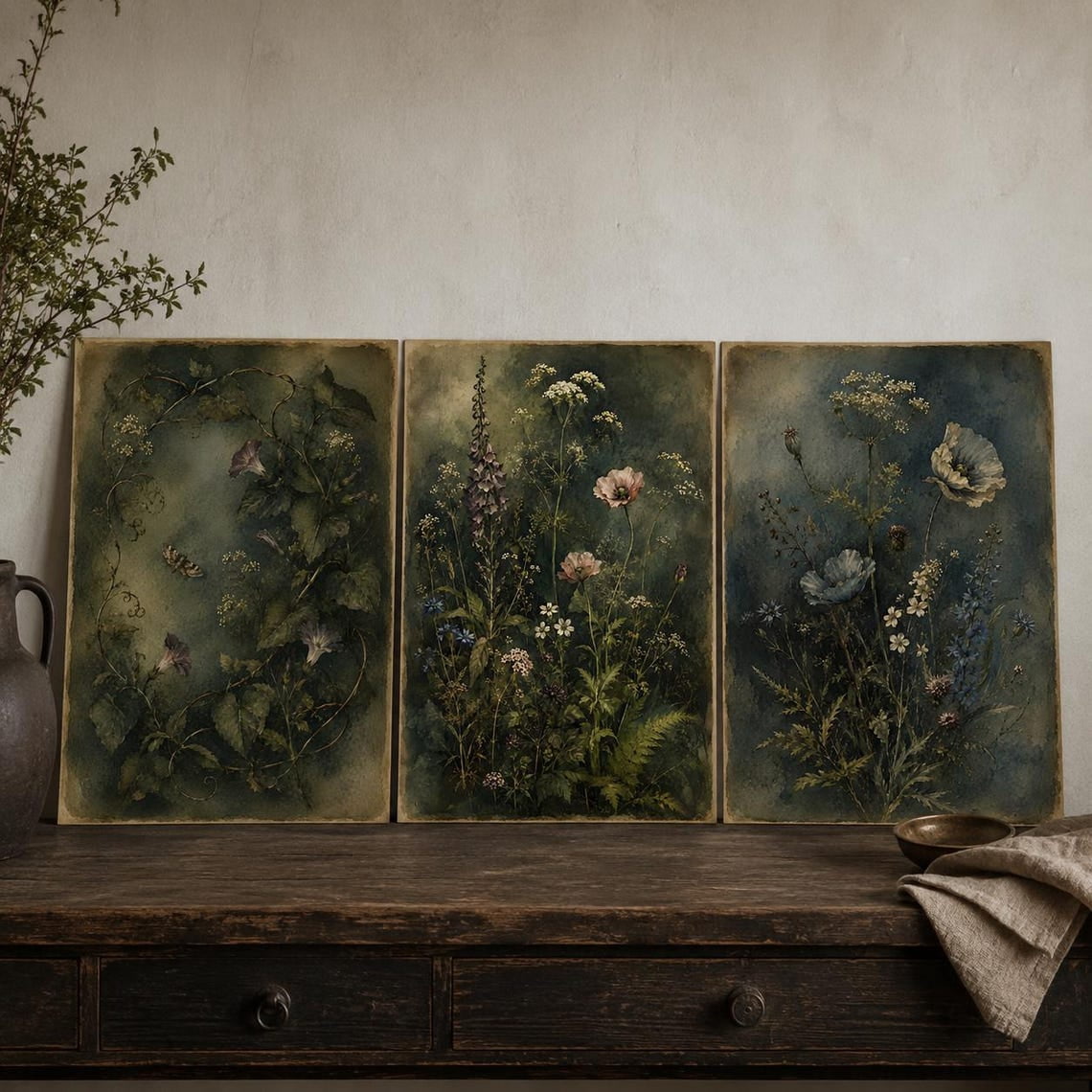 Set Of 3 Botanical Wall Art Prints, Moody Green, Vintage Floral, Moth ...