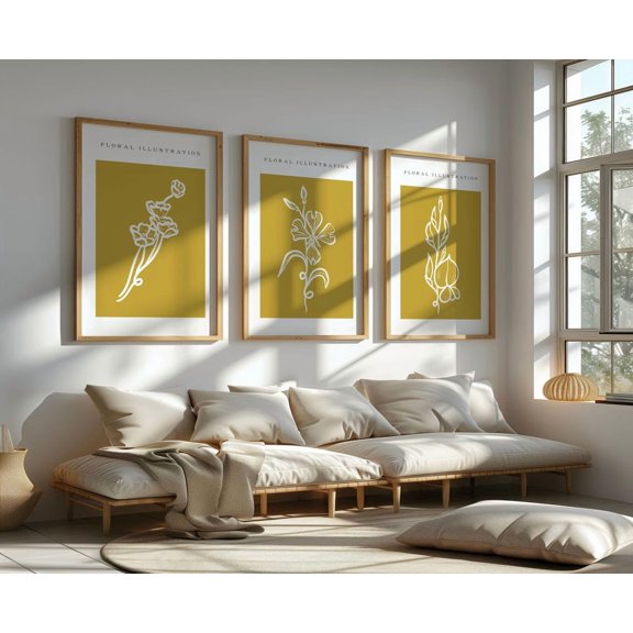 Set Of 3 Botanical Wall Art Prints, Mustard Yellow, Neutral Hand Drawn Plants, Line, Living Room And Gallery Wall Decor