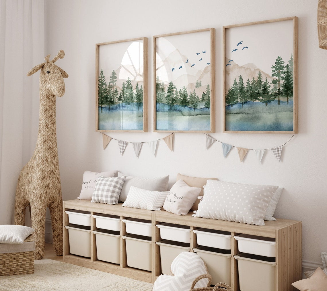 Set Of 3 Boys Trees Mountains Forest Woodland Adventure Theme Blue ...