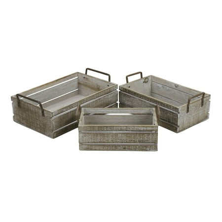 Set Of 3 Brown Wood Grain Slatted Rectangular Small Crate with Side Handles - Small