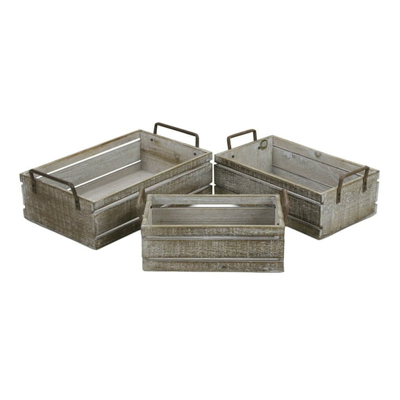 Set Of 3 Brown Wood Grain Slatted Rectangular Small Crate with Side Handles - Small