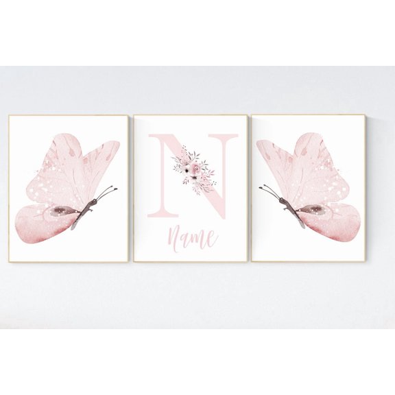 Set Of 3 Butterfly Pink Floral Initial Nursery Wall Art Prints, Nursery And Gallery Wall Decor