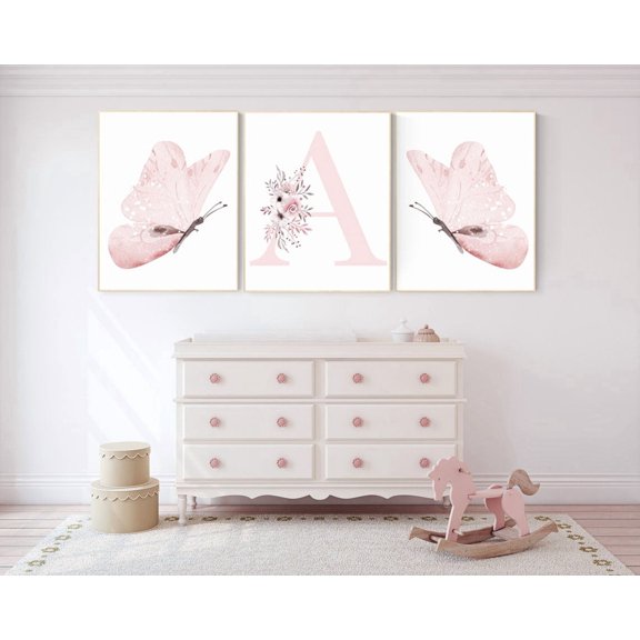 Set Of 3 Butterfly Pink Floral Initial Nursery Wall Art Prints, Nursery And Home Decor