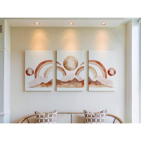 Set Of 3 Calming Nature Soft Rainbow Moon Triptych Boho Earth Tone Abstract Landscape Gallery Wall Art Prints, Modern Home And Office Decor