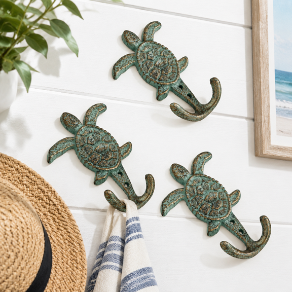 Set Of 3 Cast Iron Sea Turtle Double Hooks, Bronze With Green Verdigris Patina