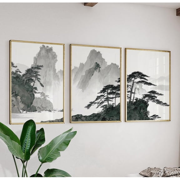Set Of 3 Chinese Ink Wash Mountain Posters, Traditional Landscape Wall Art