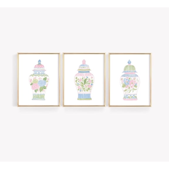 Set Of 3 Chinoiserie Vases Wall Art Prints, Pastel Floral Ginger Jar, Pink Grandmillennial, Blue And Green Hydrangea, Home And Bedroom Decor