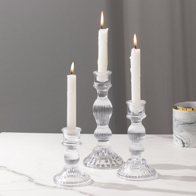 Set Of 3 Clear Fluted Glass Taper Candle Holders, Ribbed Crystal