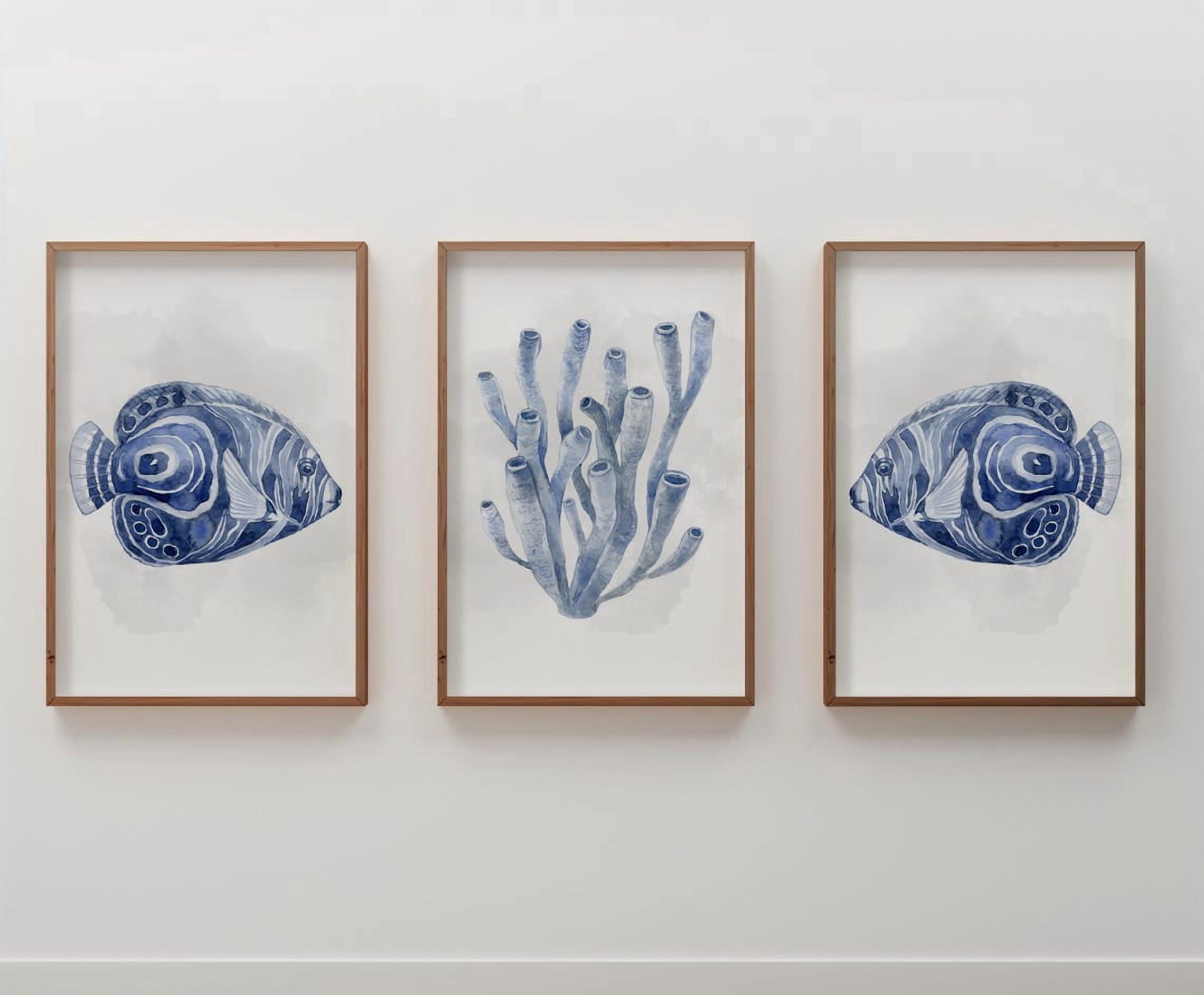 Set Of 3 Coastal Fish Wall Art Prints, Navy Blue Nautical, Beach House ...