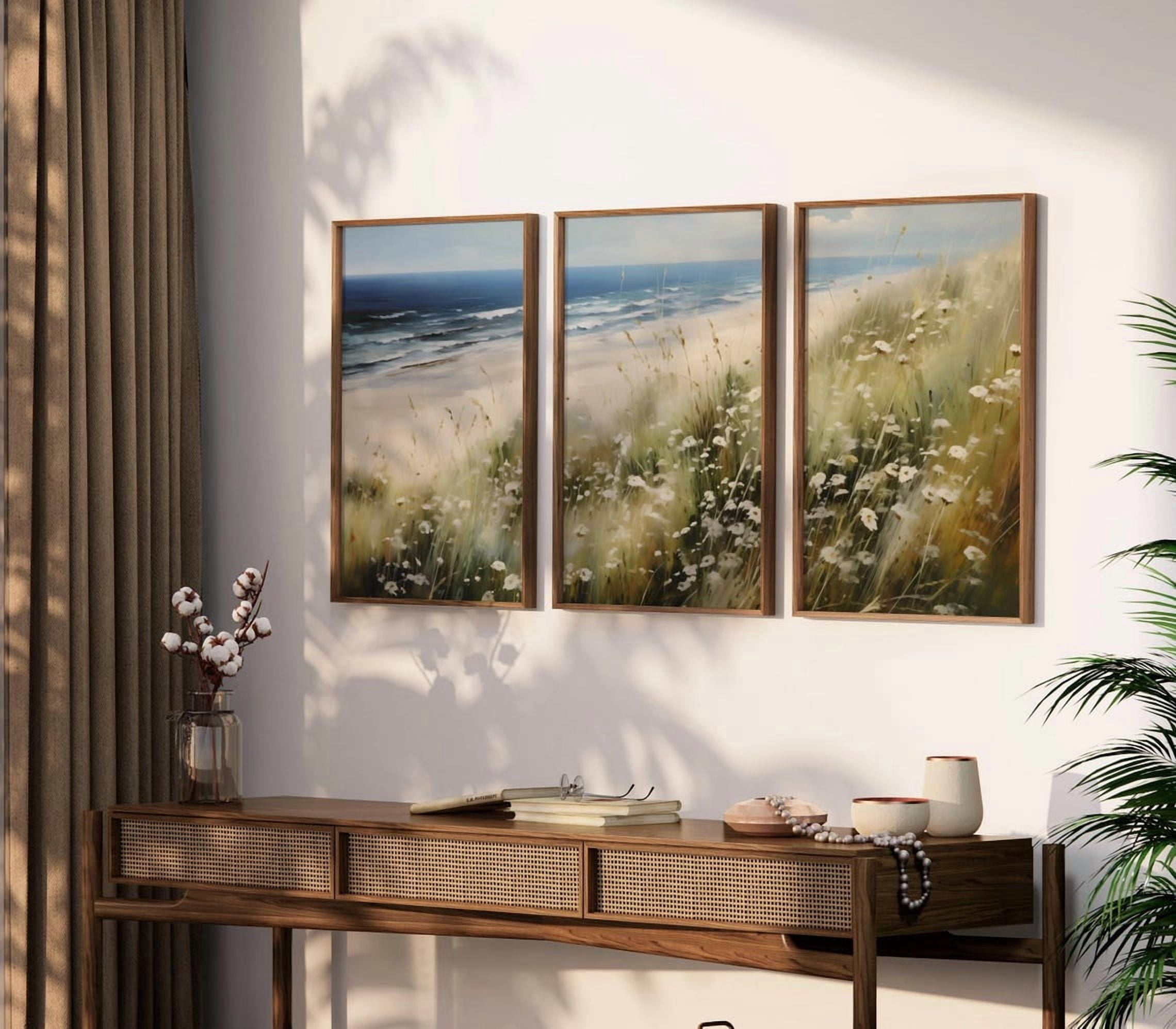 Set Of 3 Coastal Vintage Wall Art Prints, Wildflower Field, Ocean ...