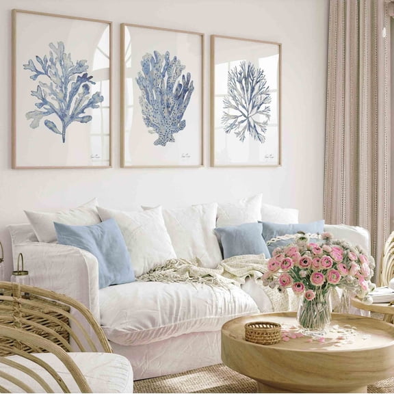 Set Of 3 Coastal Wall Art Prints, Blue Beige Coral Seaweed, Hamptons, Above Bed, Beach House, Living Room And Gallery Wall Decor