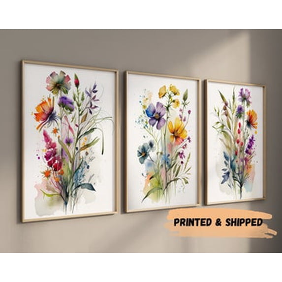 Set Of 3 Colorful Flower Wall Art Prints, Bright Floral, Wildflower ...