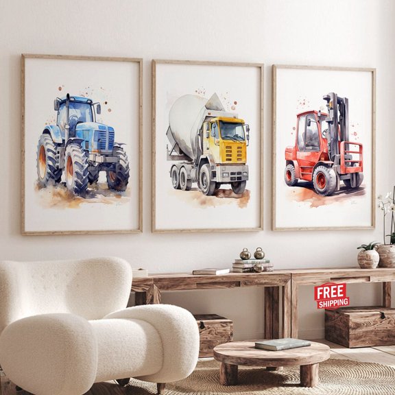 Set Of 3 Construction Boy Vehicle Truck Pictures Transportation Cars Nursery Wall Art Prints, Nursery And Playroom Decor