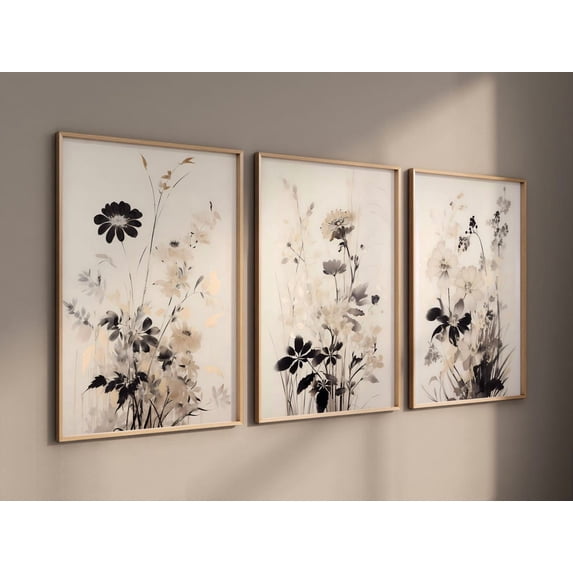 Set Of 3 Contemporary Floral Neutral Botanical Modern Wildflower Wall ...