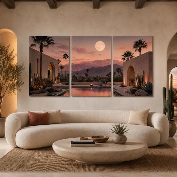 Set Of 3 Desert Moon Wall Art Prints, Palm Springs Landscape Home Decor