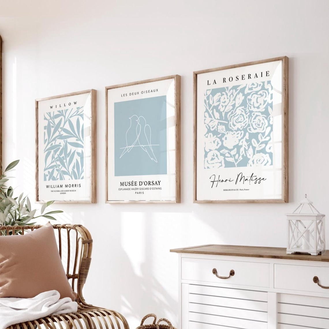 Set Of 3 Duck Egg Blue And White Mid Century Modern Wall Art Prints ...