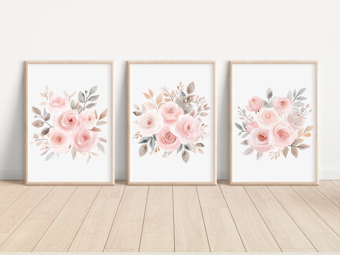 Set Of 3 Dusty Pink Roses Flower Girl Nursery Wall Art Prints, Nursery ...