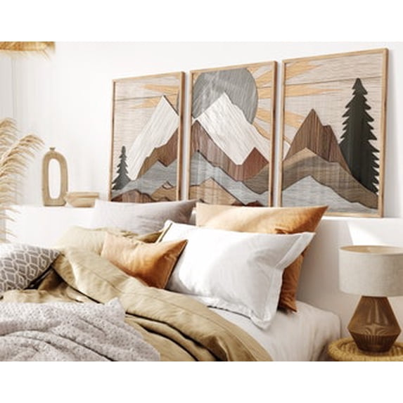 Set Of 3 Effect Mountain Abstract Wall Art Prints, Western Sunset ...