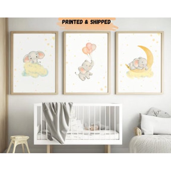 Set Of 3 Elephant Neutral Yellow Sleeping Moon Stars And Gray Animal Baby Wall Art Prints, Nursery And Gallery Wall Decor