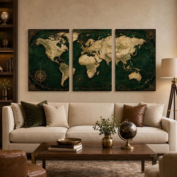 Set Of 3 Emerald Green World Map Wall Art Prints, Antique Gold Atlas Decor