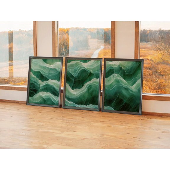 Set Of 3 Emerald Jade Wall Arts Deep Green Stone Texture Triptych Organic Mineral Abstract Wall Art Prints, Gallery Wall And Home Decor
