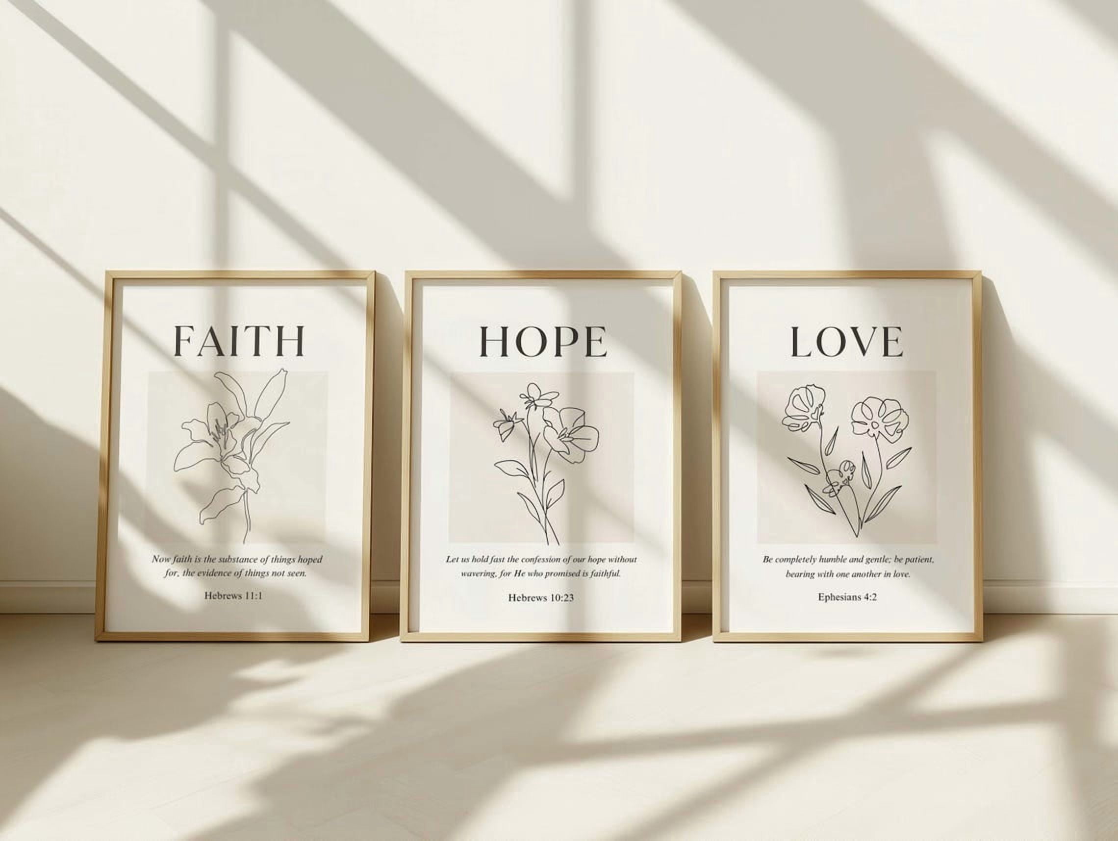 Set Of 3 Faith Hope Love Scripture Bible Verse Wall Art Prints