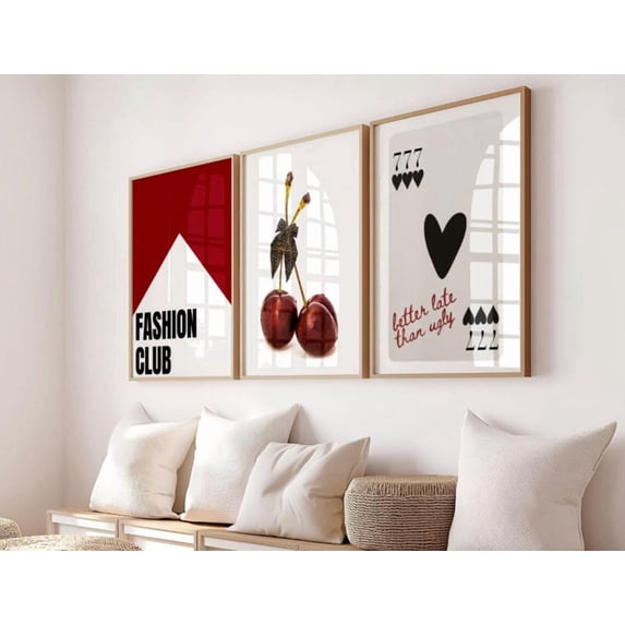 Set Of 3 Fashion Retro Red Cherry 777 Playing Card Wall Art Prints ...