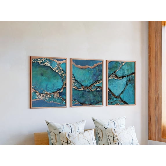 Set Of 3 Faux Agate Wall Arts Blue Copper Stone Triptych Luxury Mineral ...